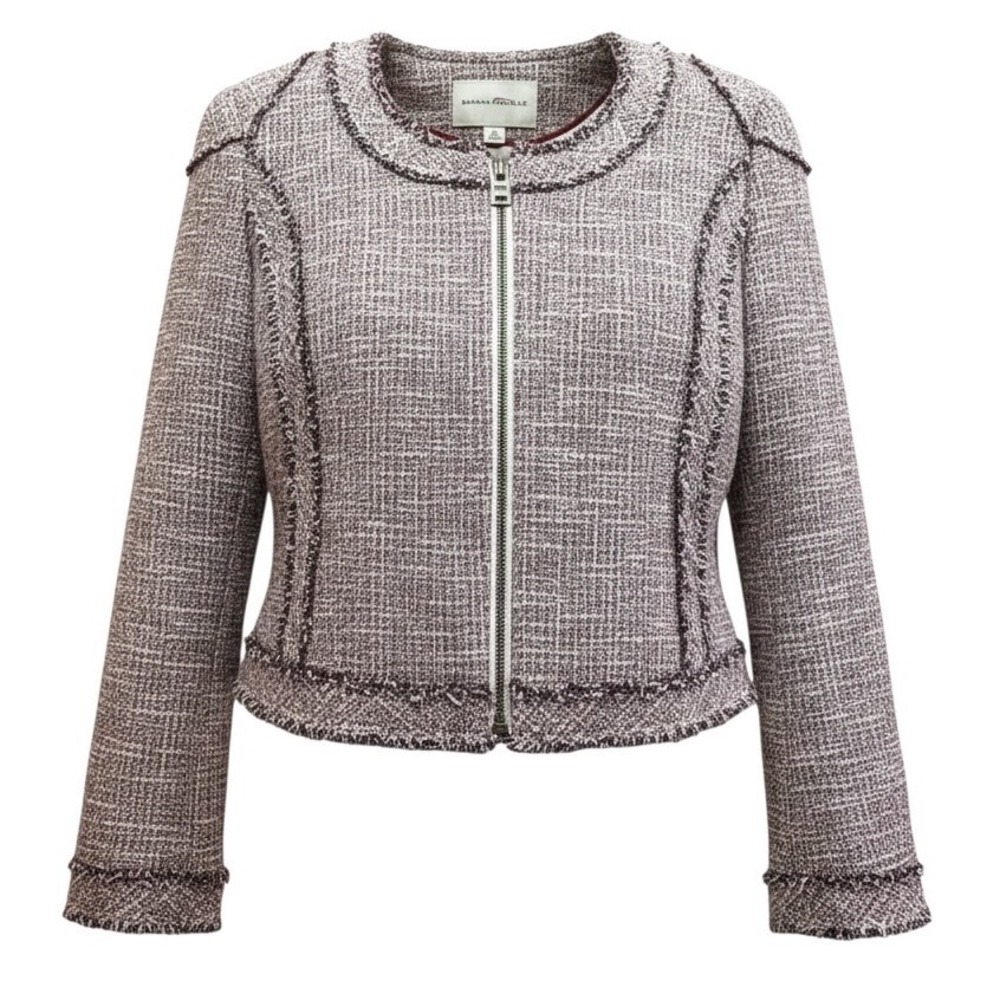 Banana Republic Womens Burgundy Navy Tweed Fringe Zip Front Jacket Size 8